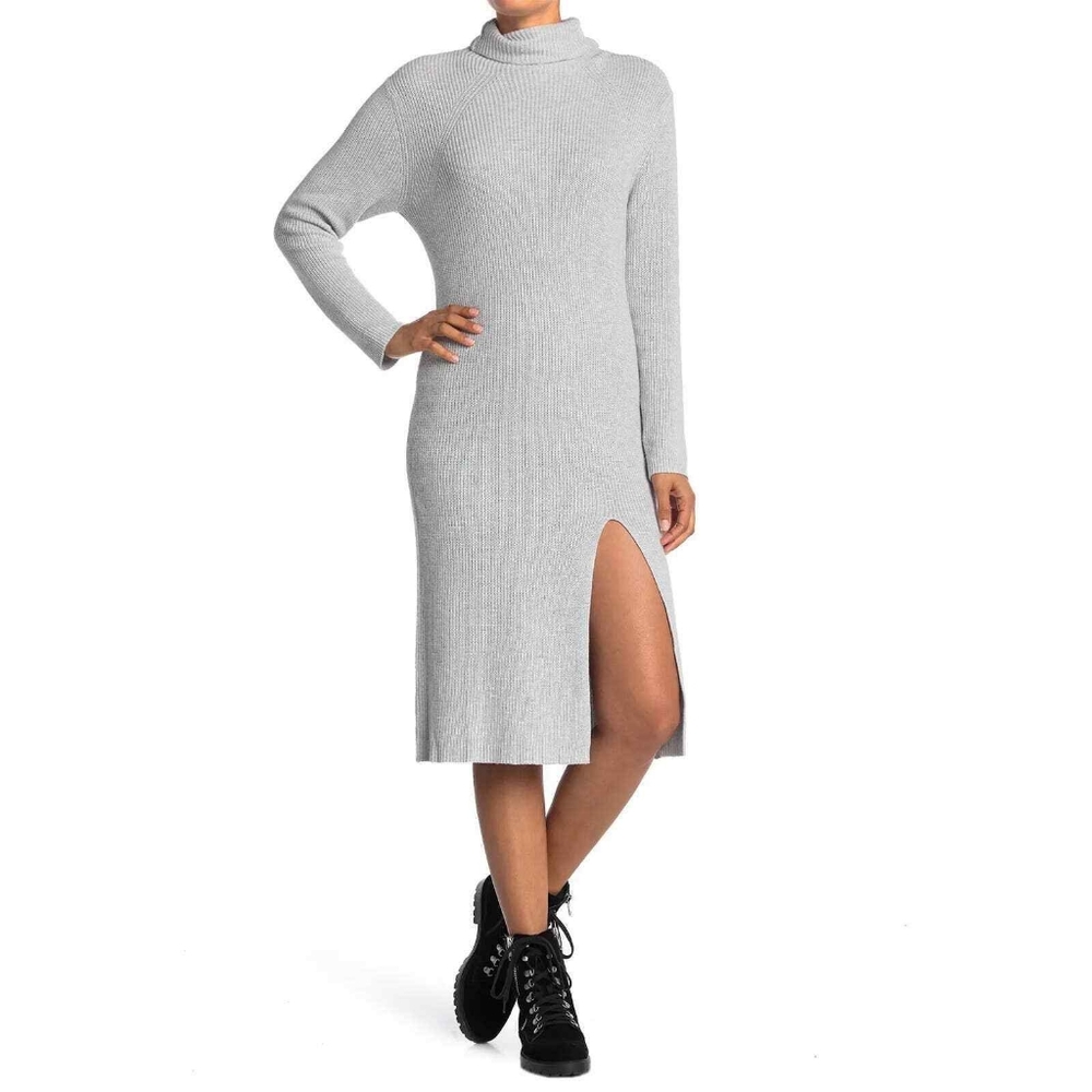 NWT Abound Ribbed Mock Neck Slit Midi Sweater Dress in Grey Light Heather Sz S
